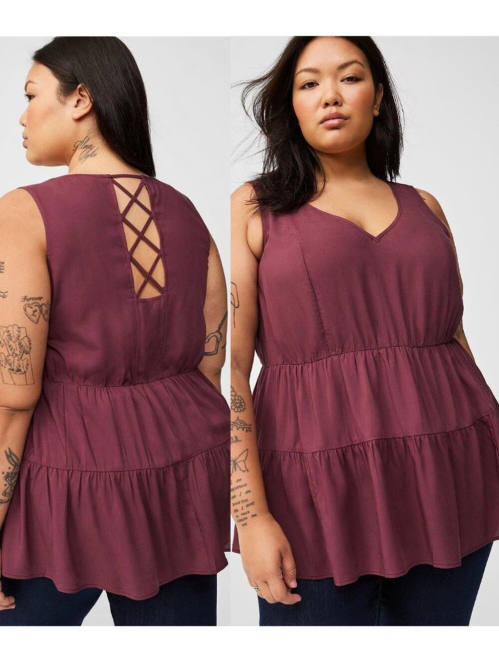 TORRID 0 Plus Size Challis Lace Up Back Tiered Top Plum Purple Boho Whimsigoth
